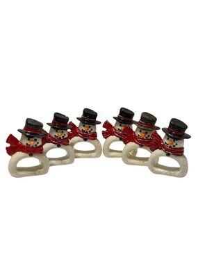Hand Painted Porcelain Snowman Napkin Rings Set of 6 Christmas Holiday Vintage